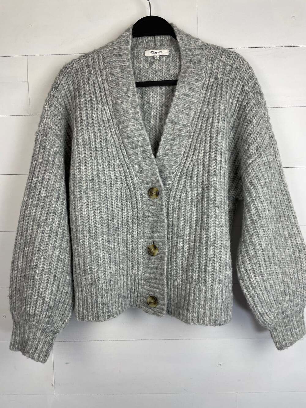 Madewell Waller Crop Cardigan Sweater Heather Pewter Gray Wool Blend L Boxy